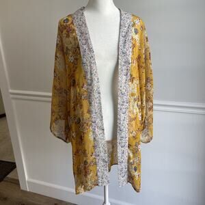 Band of Gypsies Kimono Duster Womens M Gold Floral Chiffon Cover Up Neutral
